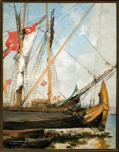 トルコのボスポラス海峡に浮かぶ帆船 アルベルト・パッシーニ（1826-1899）の絵画 19世紀 ゲネス近代美術館蔵 作： Alberto Pasini