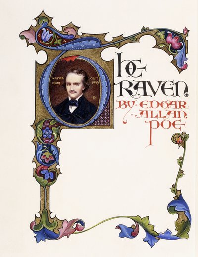 エドガー・アラン・ポー著「The Raven」の照明付きタイトルページ、画家の肖像と歴史的なイニシャル「T」が描かれている。 作： Alberto Sangorski