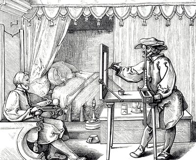 肖像画のプロポーションを整えるために画材を使う画家を描いた木版画。アルブレヒト・デューラー（1471-1528）によるもので、ルネッサンス期のドイツ人画家、版画家、理論家。 作： Albrecht (after) Durer or Duerer