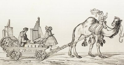 ラクダの引く馬車の中で演奏するオルガン奏者パウル・ホファナー 1880年頃（エングレーヴィング 作： Albrecht (after) Durer or Duerer