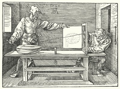 弦を使ってリュートの遠近法のイメージを構築した（エングレービング 作： Albrecht (after) Durer or Duerer