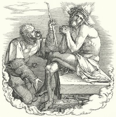キリストの地上での最後の日々を描いたアルブレヒト・デューラーの「大いなる受難」のタイトルページ（エングレーヴィング 作： Albrecht (after) Durer or Duerer