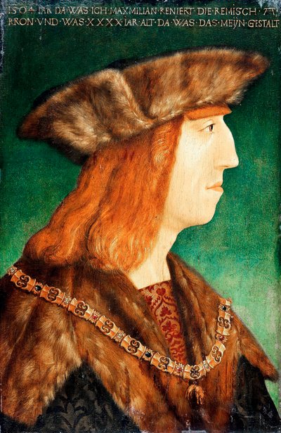 "ハプスブルク家の皇帝マクシミリアン1世（1459-1519）の肖像」 アルブレヒト・デューラー（1471-1528）の工房で制作された絵画、1504年以降、木に油彩、54,6x36,1 - Staatliche Museen, Berlin 作： Albrecht (follower of) Durer or Duerer
