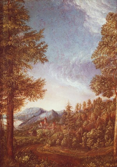 ウォース城のあるドナウ川の風景、1522-25年頃（ブナ材に羊皮紙） 作： Albrecht Altdorfer