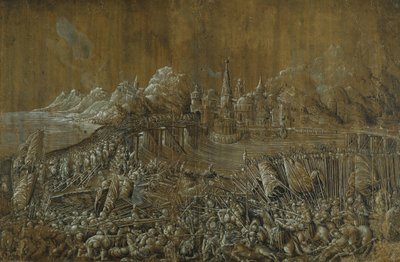 ランダクネヒテン」「橋の上の戦い」（紙にペンとインク、グワッシュ 作： Albrecht Altdorfer