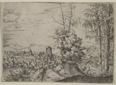 2つの松のある風景、1522-1525。 作： Albrecht Altdorfer