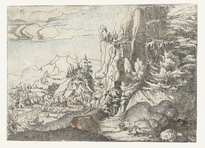 暗い岩肌のある風景 作： Albrecht Altdorfer