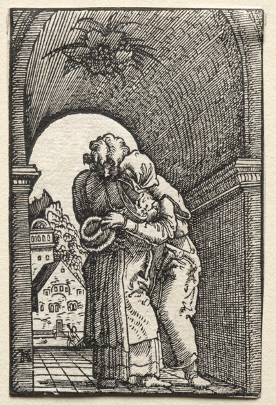 男の堕落と贖い：1515年のゴールデンゲートでのヨアヒムとアンの抱擁。 作： Albrecht Altdorfer