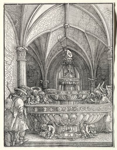 噴水でエジプトへの飛行中の聖家族c。 1520。 作： Albrecht Altdorfer