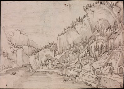 ドナウ川のザルミングシュタインの眺め (オーストリア) - アルブレヒト・アルトドルファー (1480-1538 年頃) による描画 作： Albrecht Altdorfer