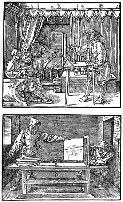 3次元オブジェクトを2次元図面に変換する装置、1525、1936 作： Albrecht Dürer