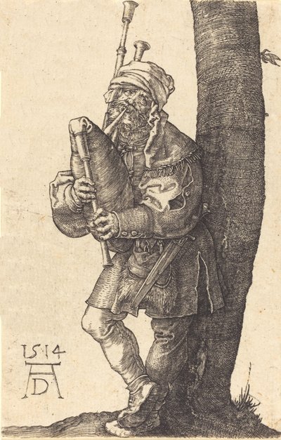 バグパイプ奏者、1514年。 作： Albrecht Dürer