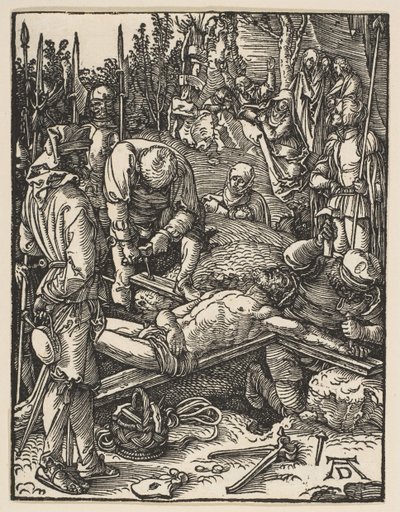 キリストは十字架に釘付けになりました。 1509。 作： Albrecht Dürer