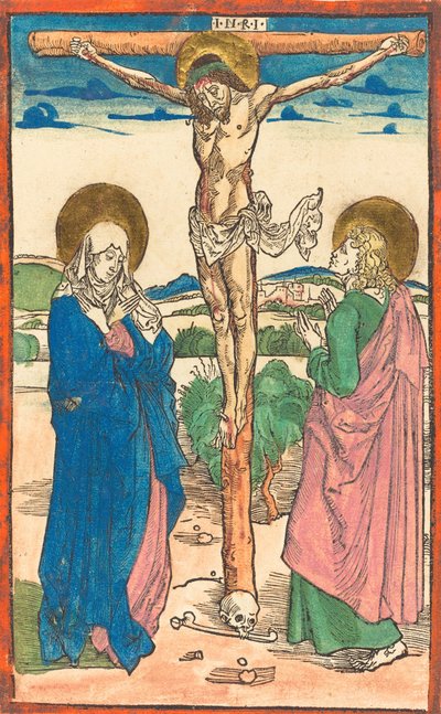 処女と聖ヨハネの間の十字架上のキリスト、1493年。 作： Albrecht Dürer