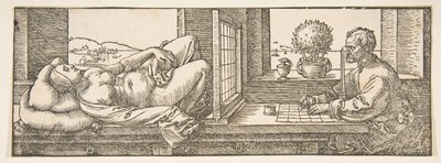 製図技師がリクライニング女性の遠近描画を作成、ca。 1600。 作： Albrecht Dürer
