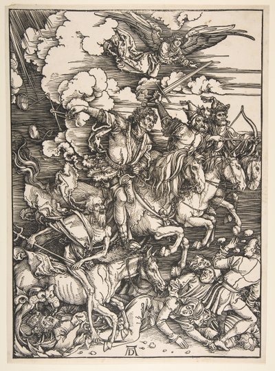 黙示録の4人の騎手、ca。 14971498。 作： Albrecht Dürer