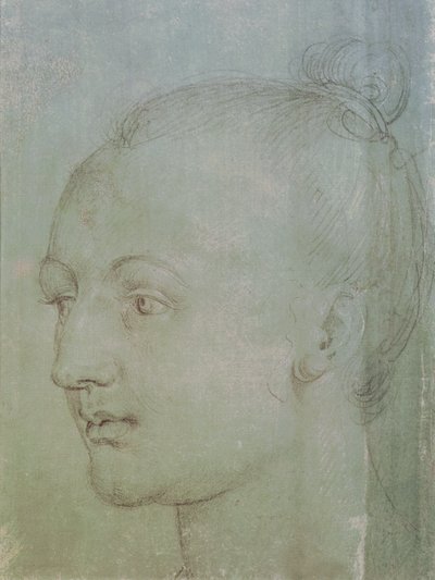 若い女性の頭（緑の紙に白いチョークで黒チョークを高くしたもの） 作： Albrecht Dürer