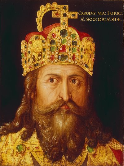 皇帝の冠を戴冠した皇帝シャルルマーニュの理想的な肖像画。ニュルンベルク、1517 作： Albrecht Dürer