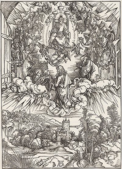 黙示録の結果から、神の父と長老の前のジョン。 1496年 作： Albrecht Dürer