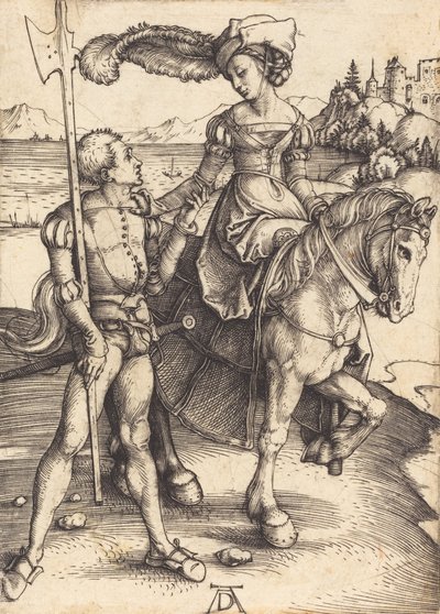 馬に乗った女性とランスクネ、c。 1497年。 作： Albrecht Dürer