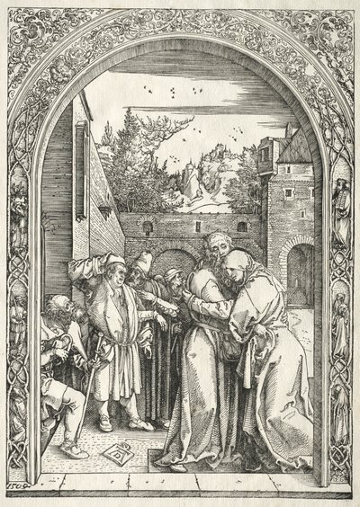 聖母の生涯：黄金の門の下で抱き合うヨアヒムとアンナ 作： Albrecht Dürer