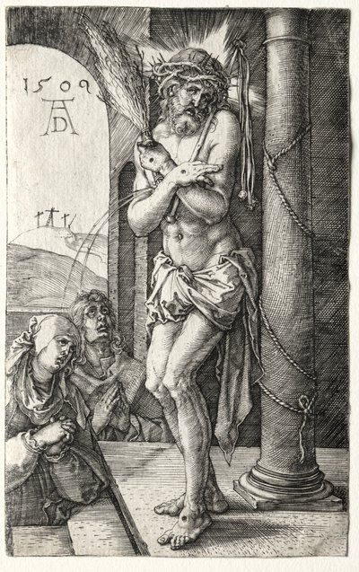 柱のそばの悲しみの男、1509年。 作： Albrecht Dürer