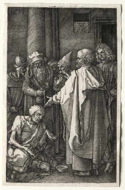 ピーターとジョンは1512年に神殿の門で不自由を癒しました。 作： Albrecht Dürer