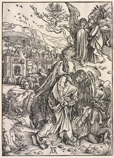 ヨハネの黙示録: 底なしの穴の鍵を持つ天使 作： Albrecht Dürer