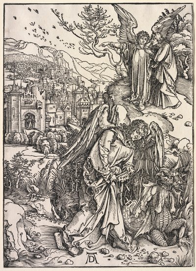 聖ヨハネの黙示録：底なしの穴の鍵を持つ天使、1511年。 作： Albrecht Dürer