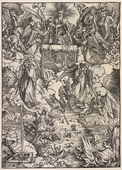 聖ヨハネの啓示：トランペットを持つ七人の天使、1511年。 作： Albrecht Dürer