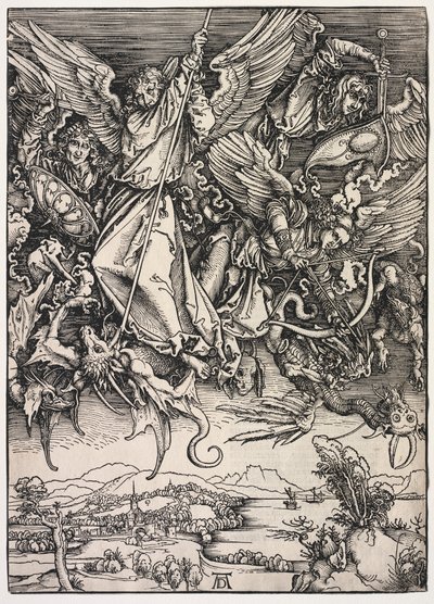 ヨハネの黙示録: ドラゴンと戦う聖ミカエル 作： Albrecht Dürer