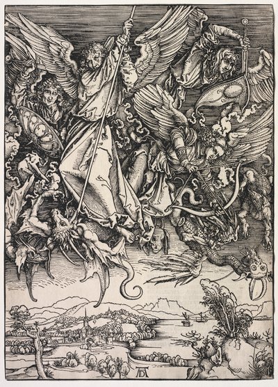 聖ヨハネの黙示録：ドラゴンと戦う聖ミカエル、1511年。 作： Albrecht Dürer
