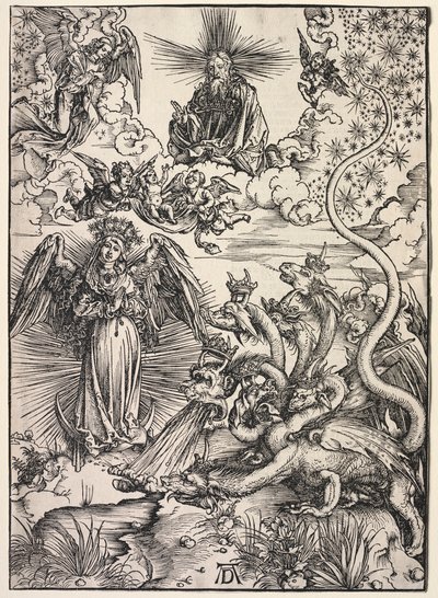 聖ヨハネの啓示：太陽を浴びた女、1511年。 作： Albrecht Dürer