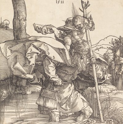 聖クリストファー、1511年。 作： Albrecht Dürer