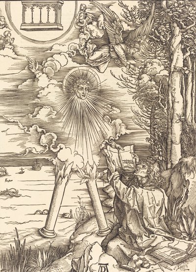 本をむさぼり食う聖ヨハネ、1498年。 作： Albrecht Dürer