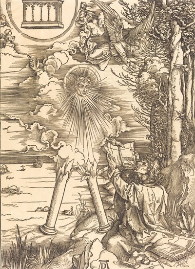 本をむさぼり食う聖ヨハネ、おそらくc. 14961498。 作： Albrecht Dürer