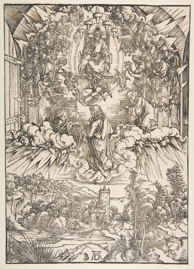 神と長老たちの前の聖ヨハネ、黙示録、ca。 1496年。 作： Albrecht Dürer