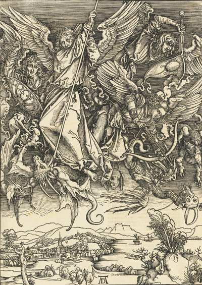 ドラゴンと戦う聖ミカエル、おそらくc。 14961498 1511年公開。 作： Albrecht Dürer