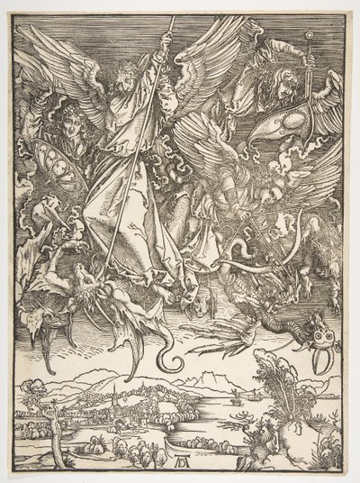 聖ミカエルとドラゴン、黙示録、ca。 1498年。 作： Albrecht Dürer