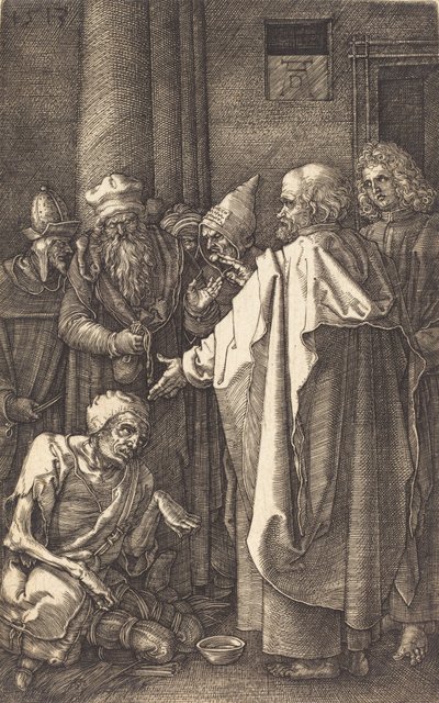 神殿の門で足の不自由な人を癒す聖ペテロと聖ヨハネ、1513年。 作： Albrecht Dürer
