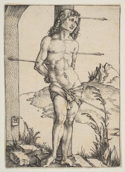 聖セバスチャンコラムにバインド、ca。 1499年。 作： Albrecht Dürer
