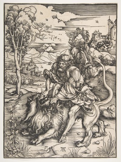 サムソン・レンディング・ザ・ライオン、1497-98年頃。 作： Albrecht Dürer
