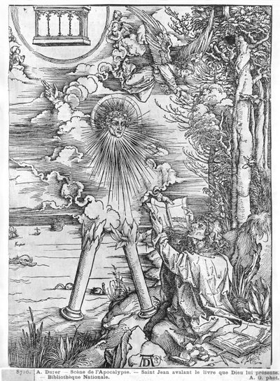 黙示録のシーン、聖ヨハネの貪欲な本、ラテン語版、1511年（木版画）（bw写真） 作： Albrecht Dürer