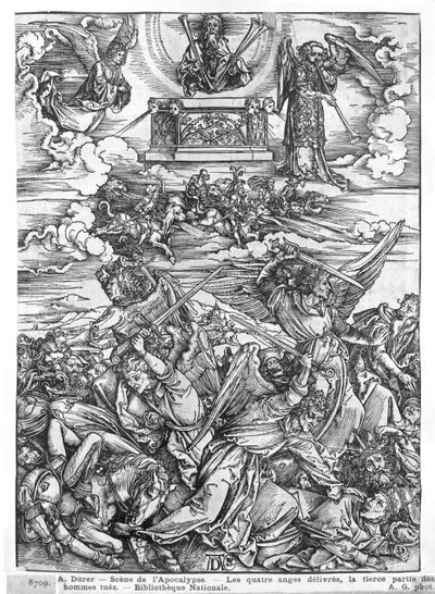 黙示録のシーン、4つの復讐の天使、ラテン語版、1511 作： Albrecht Dürer