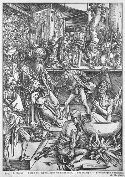 黙示録のシーン、聖ヨハネの福音伝道者の殉教、ラテン語版、1511 作： Albrecht Dürer