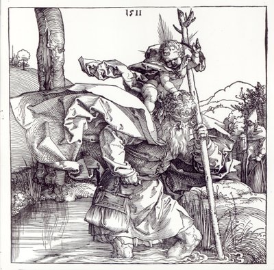 幼児キリストを運ぶ聖クリストファー、1511年（木版画）（bw写真） 作： Albrecht Dürer