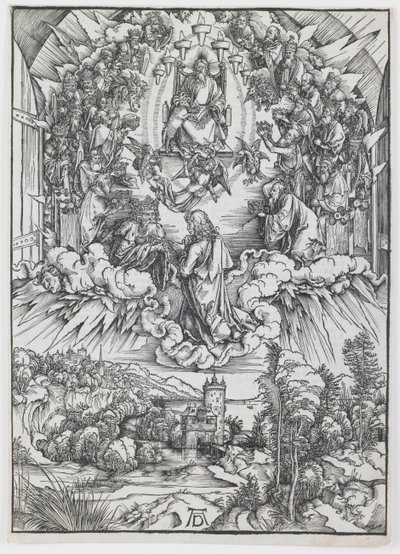 シリーズ「黙示録」からの神と長老たちの前の聖ヨハネ 作： Albrecht Dürer