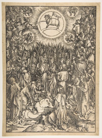 黙示録、ラテン語版、1511、1511からの羊の礼拝。 作： Albrecht Dürer