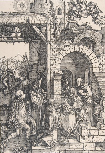 シリーズ「The Life of the Virgin」からのマギの崇拝、ca。 1502年。 1502年。 作： Albrecht Dürer
