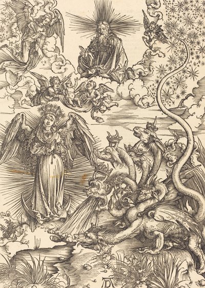 黙示録的な女、1498年。 作： Albrecht Dürer